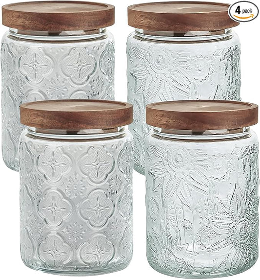 24 OZ/4 PCS Glass Storage Jar with Airtight Bamboo Wooden Lids, Vintage Food Containers Canisters Sets for Kitchen Counter Pantry, Sugar, Flour, Candy, Tea, Coffee Beans, Oats, Grain Bin, Pasta,