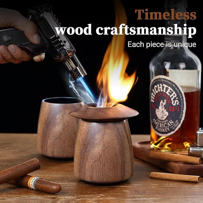 Acacia Wood Whiskey Glass – Premium Handcrafted Bourbon Tumbler with Charred Interior | Old Fashioned Whiskey Glass for Whiskey Lovers | Luxury Christmas & Birthday Gift for Men, Dad, Husband (4Pcs)