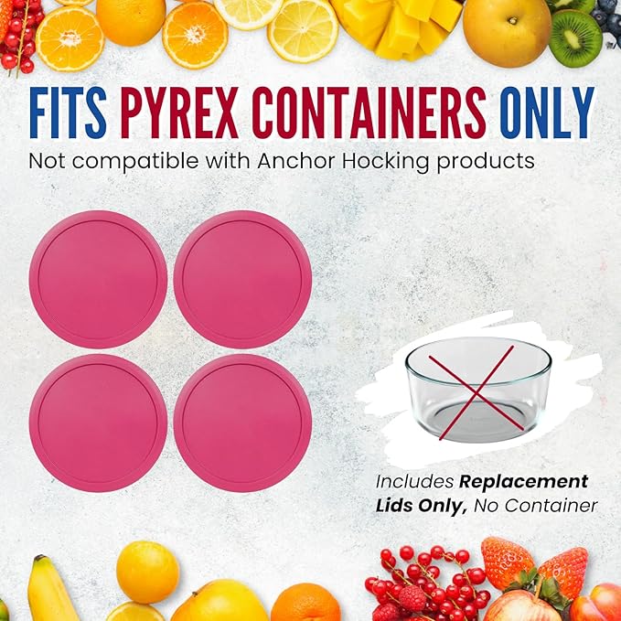 Replacement Lids for Pyrex 6 & 7-Cup Glass Food Storage Container Bowls, 7.5-Inch Plastic Round Lids Covers fits Pyrex 7402-PC, Airtight & Leakproof (4-Pack, Fuchsia)