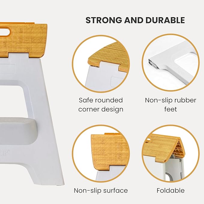 Vigar Compact Step Stool Foldable, 16-inch Two-Step Stools for Adults up to 330 Pound, Lightweight Stool, Non-Slip Folding Step Stool, Grey, Bamboo Print on Top