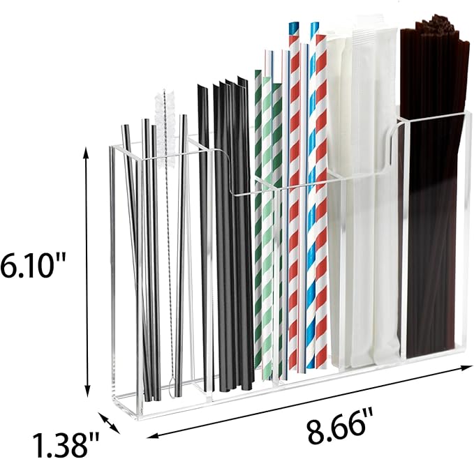Weiai Acrylic Straw Organizer Holder for Counter Cabinet, 5 Slot Straw Dispenser with 2 Installation Methods for Kitchen Café Bar, Clear