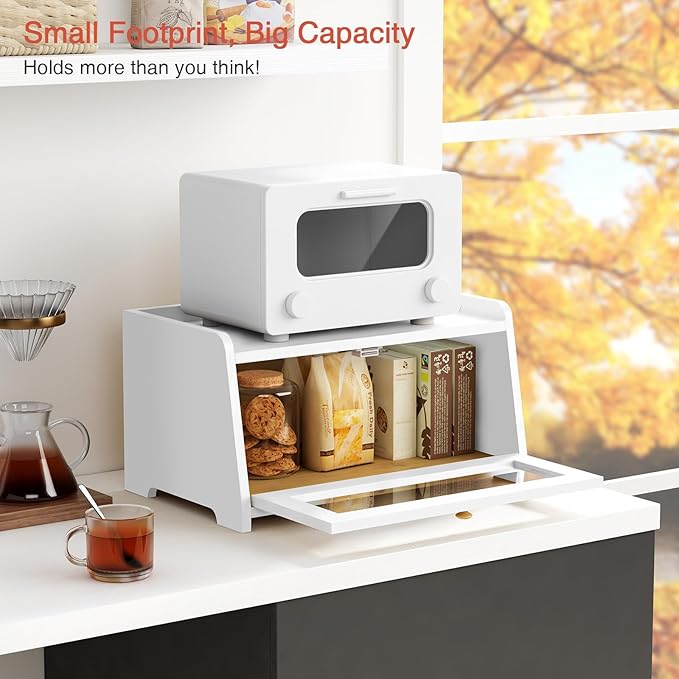 White Bread Box for Kitchen Countertop, Modern Counter Breadbox for Homemade Bread, Large Corner Bread Storage Container for Sourdough Loaf Organizers and Storage (White Bamboo Wood)