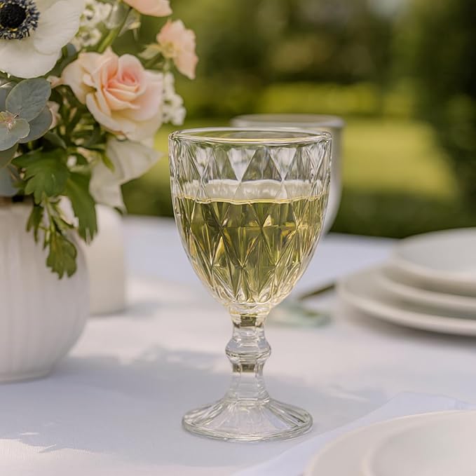 Beille Set of 10 Clear Carved Goblet Water Glasses Home Décor Entertaining Essentials Glassware, 10oz