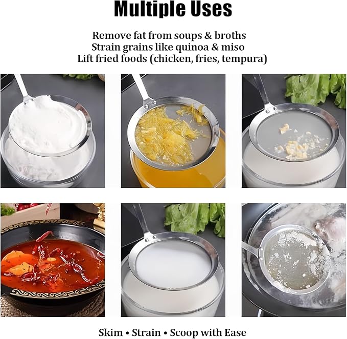 Stainless Steel Fat Skimmer Spoon 4”Multi-Functional Fine Mesh Hot Pot Grease Strainer with 9.4” Heat-Resistant Handle For Frying, Soup, Quinoa, Miso