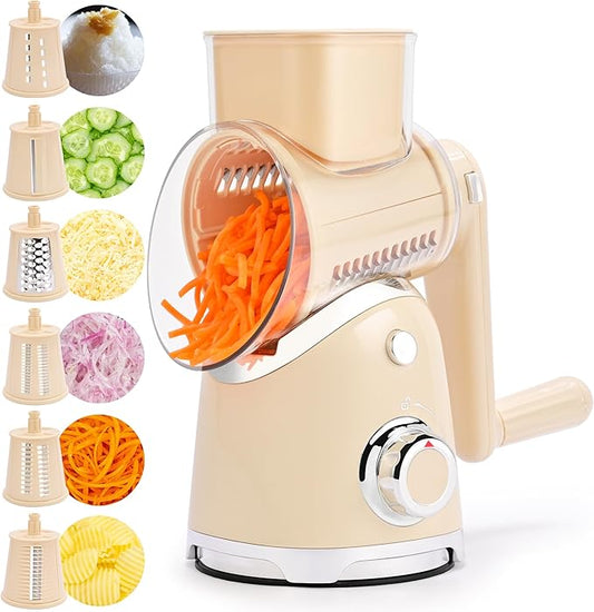 SUSTEAS Rotary Cheese Grater with Handle, Vegetable Slicer, 6 Interchangeable Blades, Reinforced Suction, Easy to Clean, Kitchen Shredder for Crushed Ice, Fruits, Nuts with Blade Storage Case, Beige