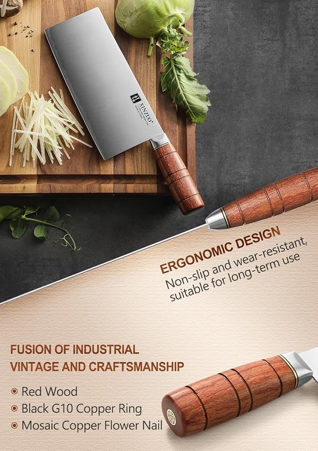 XINZUO 8.1 Inch Professional Chinese Chef Knife,440C Steel Core,Sharp Stainless Steel Vegetable Cleaver Meat Kitchen Square Knife For Precision Slicing, Dicing,Asian Cuisine With Red Wood Handle