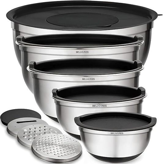 Mixing Bowls with Airtight Lids - 8PCS Stainless Steel Nesting Mixing Bowls Set with 3 Grater Attachments & Non-Slip Bottoms, Black Kitchen Bowls, Sizes 5, 4, 3.5, 2, 1.5QT for Baking & Kitchen Gift