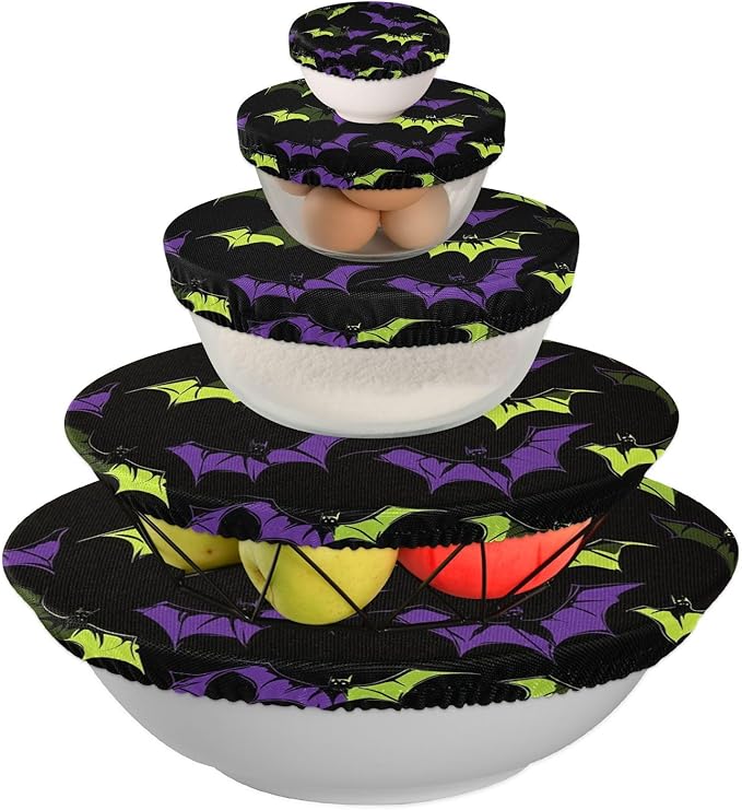 5 Pcs Bowl Covers Reusable in 5 Size Elastic Food Cover Cloth Lids Fresh Keeping Dish Cookware Bakeware Fabric Covers Lids for Food Leftovers Fruits Storage Halloween Bats