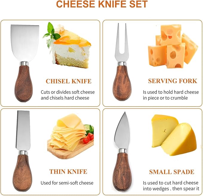 Exquisite 4-Piece Cheese Knives Set,Complete Stainless Steel Cheese Knife Collection(Acacia Wood Handle),Gift-Ready