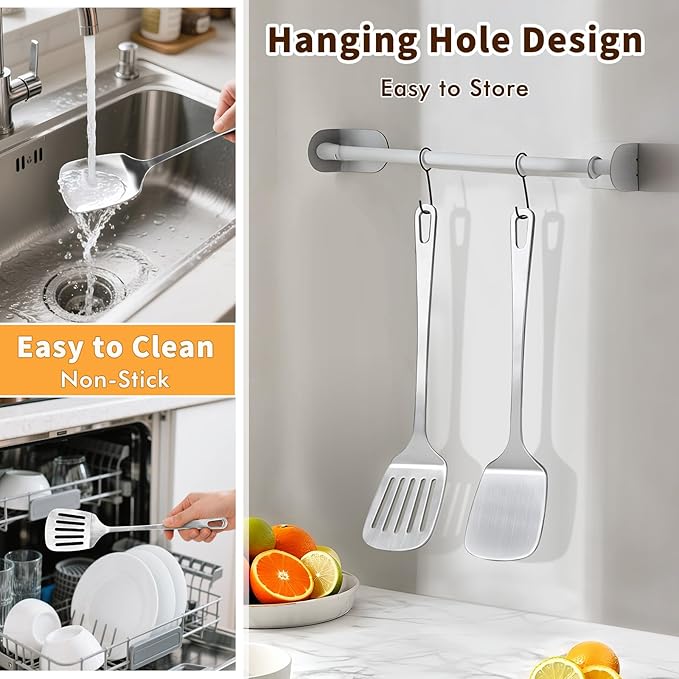 Stainless Steel Spatula, Metal Spatula Solid Turner, Heavy Duty Sturdy Spatulas for Kitchen Use, High Heat Resistant Cooking Utensils for Fish Eggs Pancakes, Dishwasher Safe, Easy to Clean, Silver