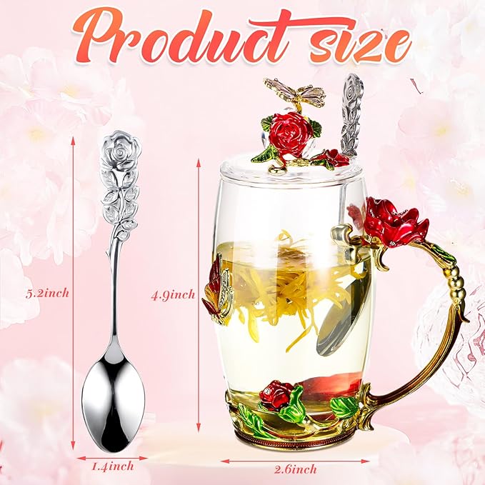 Nuanchu 4 Sets Flower Glass Tea Cups with Lids and Spoon Butterfly Vintage Glass Coffee Mugs Floral Fancy Clear Teacup for Christmas Women Mom Wife Girlfriend(Pink, Purple, Blue, Red,12 oz)