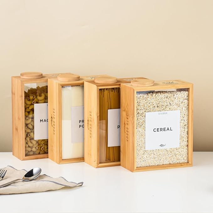 Bamboo Kitchen Cereal Containers Storage Dispenser, 3 Liter Airtight Pantry Organizers with Lid, Home Organization for Cereal, Rice, Flour, Snack, Candy Storage-1 sponge cleaning brush