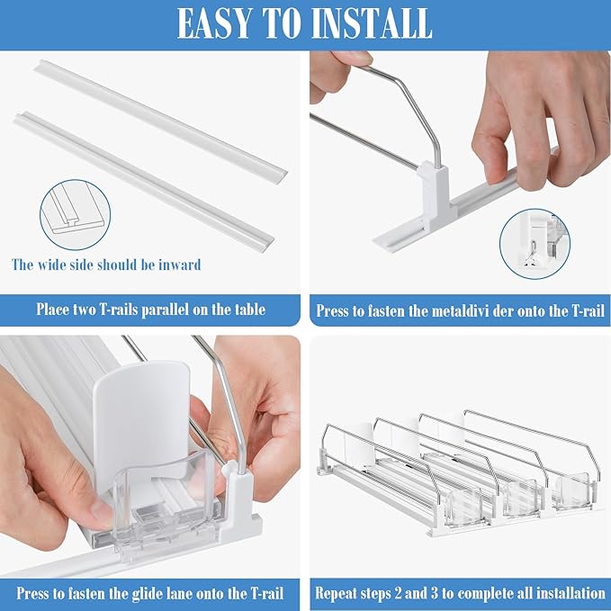 asika Drink Organizer for Fridge, Adjustable Width Soda Can Dispenser for Refrigerator Organizers and Storage, 3 Rows Beer Bottle Beverage Holder with Pusher Glide (14.96" D, White)