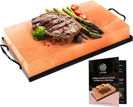 UMAID Himalayan Salt Block Cooking Plate 12x8x1.5 for Cooking, Grilling, Cutting and Serving, Food Grade Rock Salt Stone with Steel Tray & Recipe Pamphlet Unique Gifts for Men, Women, Chefs & Cooks