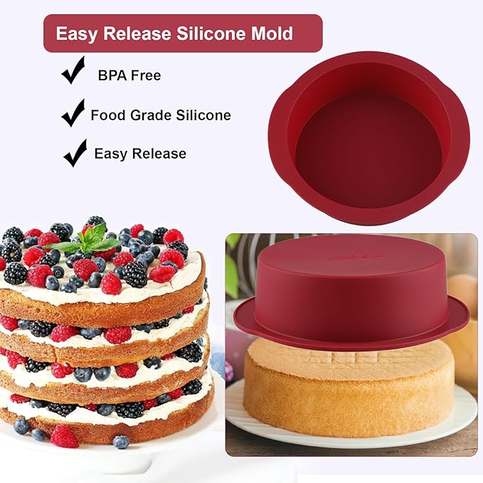 Nalchios 8 inch Silicone Round Cake Pans Set of 3, Non-stick Easy Releasing Mini Pans, Flexible BPA Free Silicone Baking Mold Pans for Layer, Mini, Pizza, Cheese, Chocolate Cake