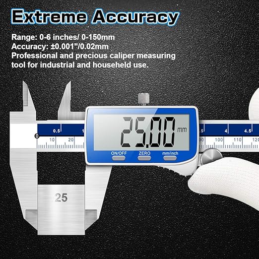 Qfun Digital Caliper, 0-6inch Caliper Measuring Tool Extreme Accuracy IP54 Waterproof Electronic Vernier Caliper Stainless Steel Digital Micrometer with Extra Large LCD Screen