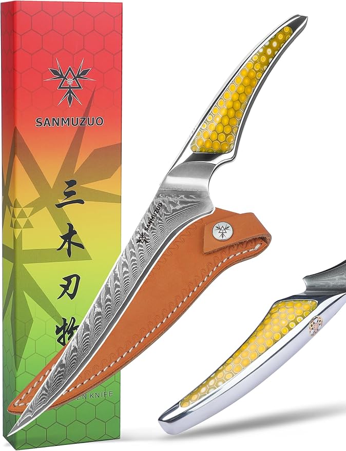 7 Inch Fillet Knife, Japanese VG-10 Damascus Steel Kitchen Fish Knife, Ultra Sharp Boning With Full-tang Handle in Yellow Resin, LA-S9 Series