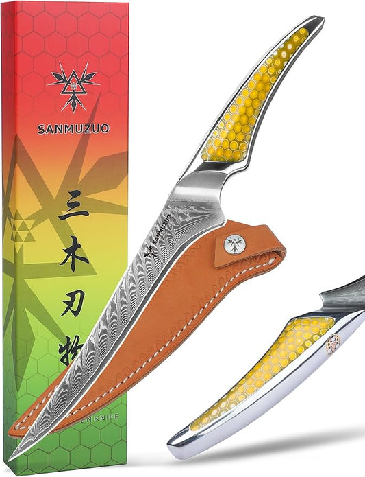 7 Inch Fillet Knife, Japanese VG-10 Damascus Steel Kitchen Fish Knife, Ultra Sharp Boning With Full-tang Handle in Yellow Resin, LA-S9 Series