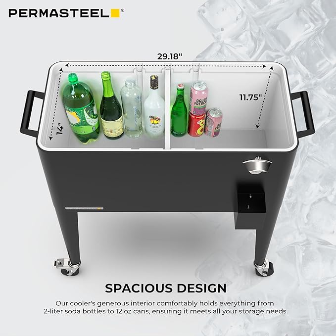 Permasteel 80 Quart Party Cooler, Rolling Ice Chest with Wheels and Handles for Indoor Outdoor Patio