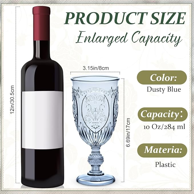 36 Pack Plastic Goblets 10oz Upgrade Vintage Water Goblet Plastic Wine Glasses Colored Retro Embossed Glassware for Party Wine Bar Juice Baby Shower Wedding Reception Grand (Blue)