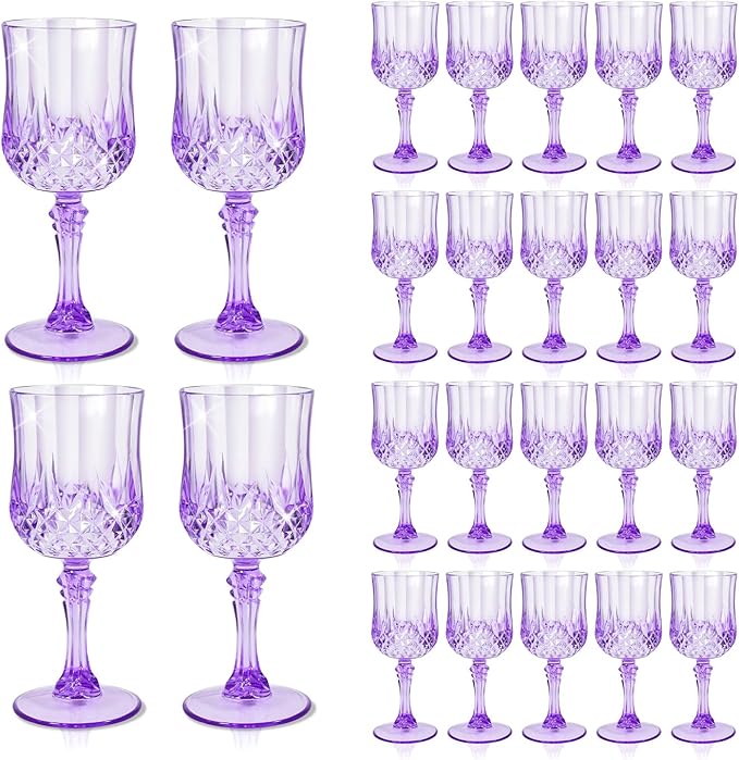 24 Pcs Plastic Purple Wine Drinking Glasses, Plastic Water Goblets Purple Vintage Reusable Drinkware Vintage Champagne glassware for Wedding Reception Grand Event Party, 7oz
