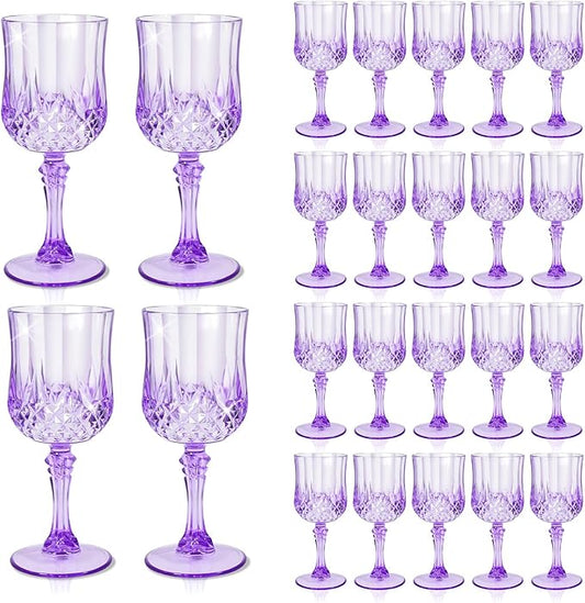 24 Pcs Plastic Purple Wine Drinking Glasses, Plastic Water Goblets Purple Vintage Reusable Drinkware Vintage Champagne glassware for Wedding Reception Grand Event Party, 7oz