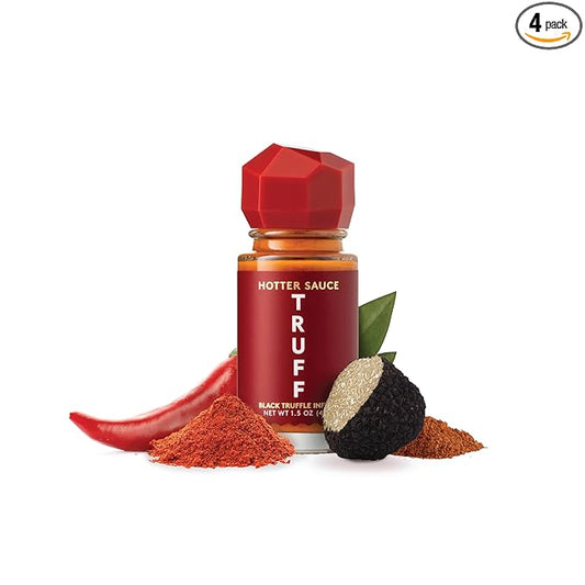 TRUFF Hotter Sauce 4-Pack Mini Set, Portable Travel Bottles of Gourmet Hot Sauce, Black Truffle and Chili Peppers, Gift Idea for the Hot Sauce Fans, An Ultra Unique Flavor Experience (1.5 oz, 4 count)