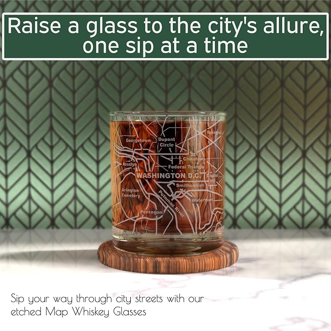 Greenline Goods Whiskey Glasses - 10 Oz Tumbler Gift Set for Washington, DC lovers, Etched with Washington, DC Map | Old Fashioned Rocks Glass - Set of 2