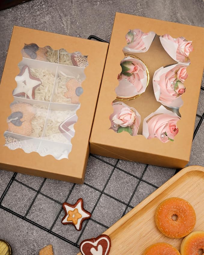 qiqee Brown 6 Cupcake Boxes with Window 30 Auto pop up Packs Cupcake Box 9"x6.1"x3.3" Bakery Boxes For Cupcakes Carrier, Cupcake Containers