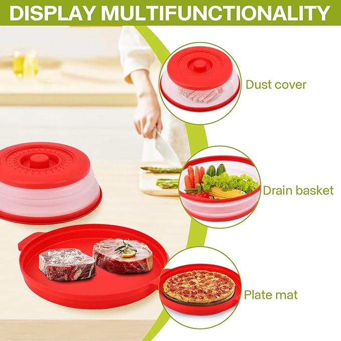 Microwave Food Splatter Cover & Anti-scald Base Mat,Large Plastic & Silicone Vented Avoid Scalding Collapsible Guard Lid, Plate Holder & Kitchen Colander for Meal Prep-10.7 Inch (2 Pcs BRed)
