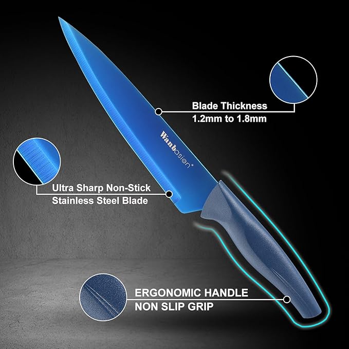Wanbasion Blue Stainless Steel Knife Set, Sharp Kitchen Knife Set Professional, Kitchen Knife Set Dishwasher Safe with Covers for Cooking