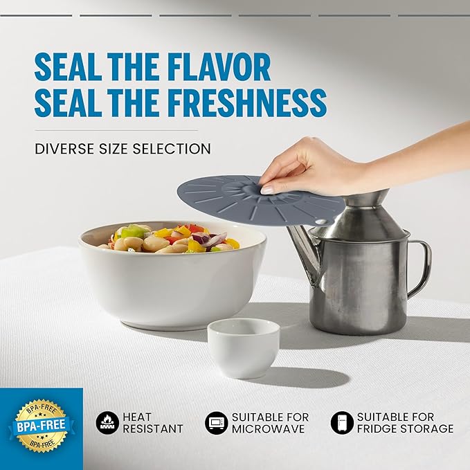 Microwave Cover Silicone Lids - Set of 5: 6, 8, 10, 12 and 13.8 inches - Suction Covers for Pots, Pans, Bowls, Cups, Skillets - Splatter Protection - Easy Food Storage - BPA Free