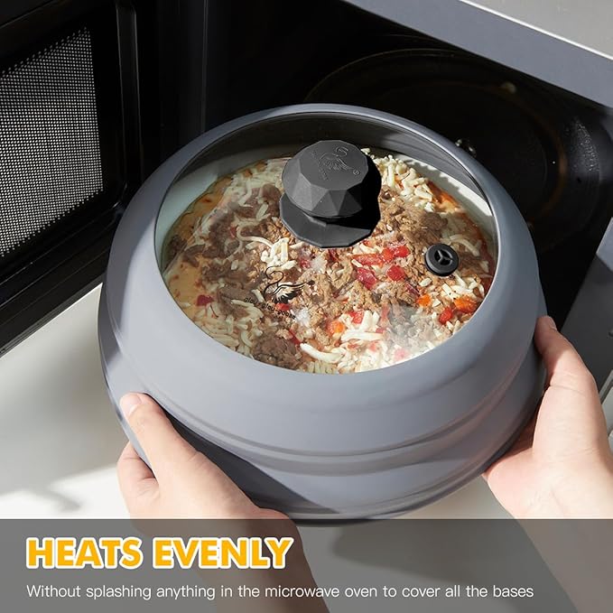 Microwave Splatter Cover Vented Glass Splatter Guard Lid with Collapsible Silicone for Food as Pot Cover 11.8 inch Large Plate for 6 7 8 9 10 11 inch Plate Bowl Light Grey