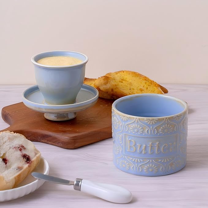 Ceramic Butter Crock with Lid, French Butter Dish with Water Line for Countertop, Butter Keeper for Spreadable Butter, Container Holder for Kitchen and Home Decor, 6.7 OZ, Pale Blue