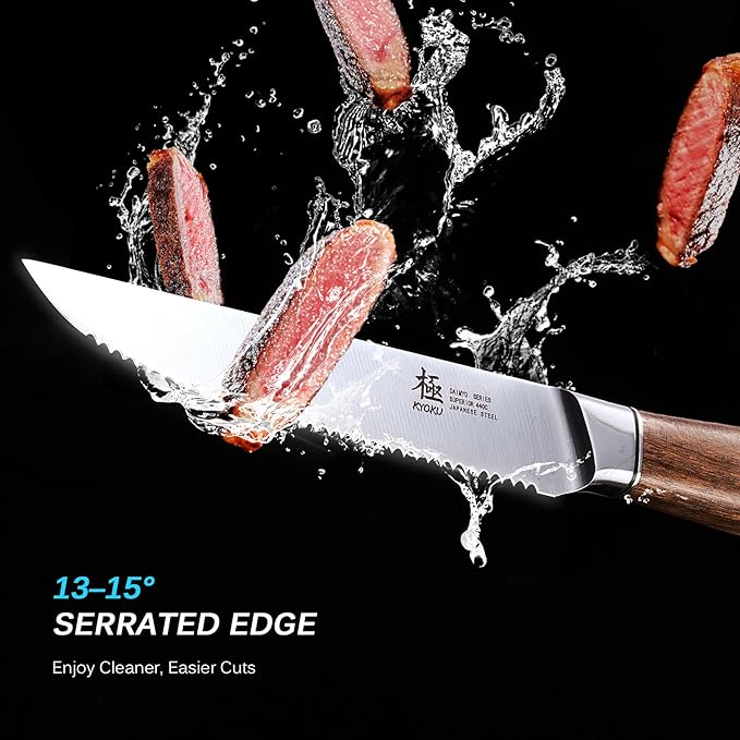 KYOKU 5 Inch Steak Knife Set of 4 - Daimyo Series Japanese 440C Stainless Steel Serrated Steak Knives - Ergonomic Rosewood Handles Mosaic Pins - with Sheaths & Case