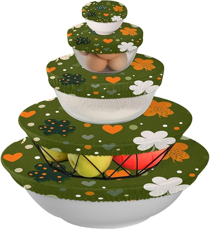 5 Pcs Bowl Covers Reusable in 5 Size Elastic Food Cover Cloth Lids Fresh Keeping Dish Cookware Bakeware Fabric Covers Lids for Food Leftovers Fruits Storage Dark Green Shamrocks Hearts Dots