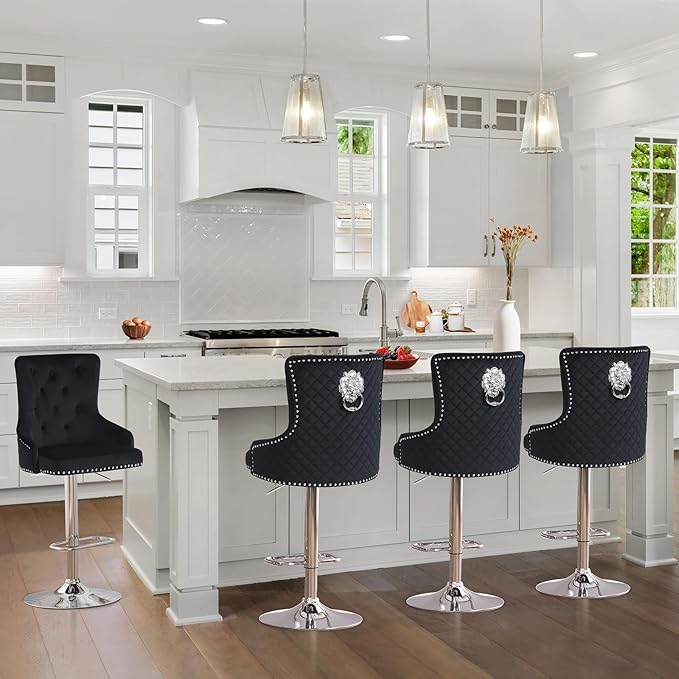 Velvet Lion Bar Stools Set of 6, Modern Height Adjustable Swivel Barstools with Chrome Base, Tufted Counter Height Bar Stools Upholstered Bar Chairs for Kitchen Island, Dining Room, Black