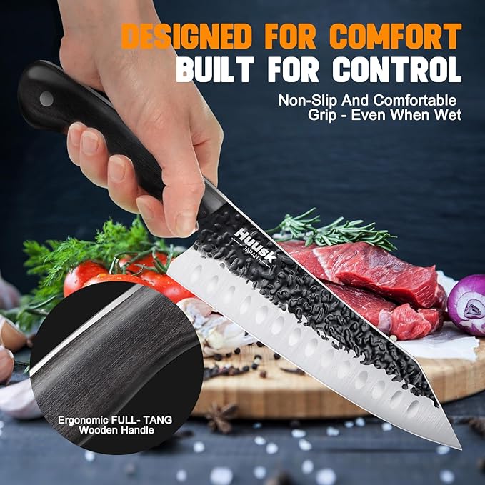 Huusk Knives from Japan Santoku knife - Hand Forged Chef Knife for Meat Cutting - Ideal Kitchen Knife Made From a Single Piece of High Carbon Steel - Full Tang Wooden Handle - Viking Gift for Men