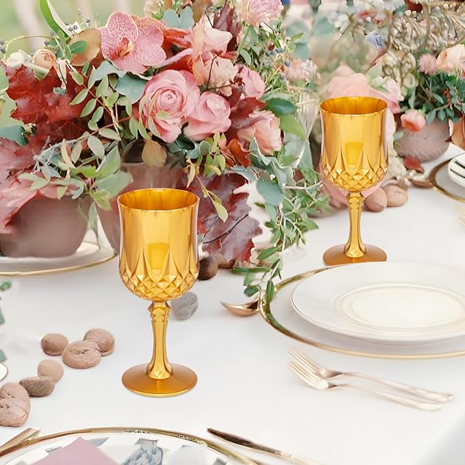 JLYLOL Plastic Vintage Wine Glasses 7OZ Plastic Goblets Vintage Drinking Glasses 24PCS Retro Wedding Glassware Water Goblets Reusable Drinking Cups for Party,Reception,Celebration,Bar,Whiskey(Amber)