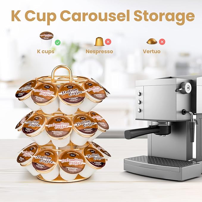 Coffee Pod Holder, K Cup Holders Carousel Organizer ,27 Coffee Pods Storage Compatible with K Cups, Spins 360-Degrees, Modern Gold Design ，Round,Shining Gold,3 Tier Home or Office Kitchen Counter Organizer