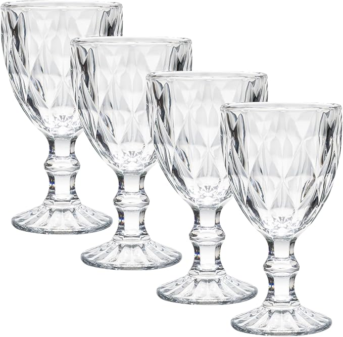Beille Set of 4 Clear Carved Goblet Water Glasses Home Decor Entertaining Essentials Glassware, 10oz
