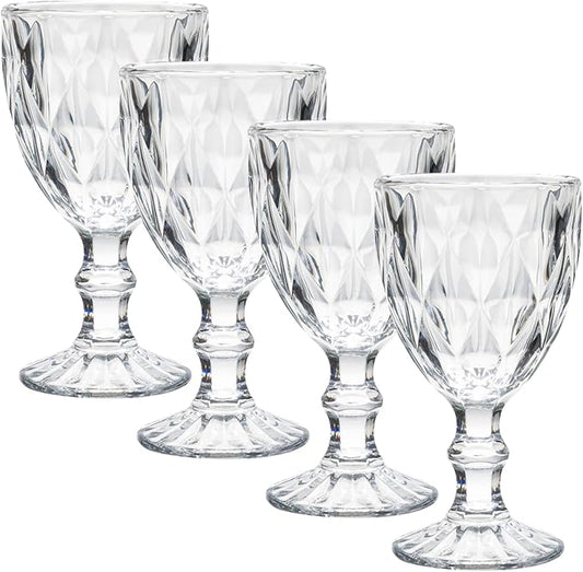 Beille Set of 4 Clear Carved Goblet Water Glasses Home Decor Entertaining Essentials Glassware, 10oz
