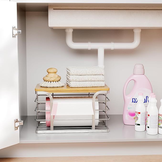 Trash Bag Holder with Bamboo Top, Wall Mount 304 Stainless Steel Garbage Bag Dispenser,Stackable Storage for Kitchen Laundry Organization,Silver Small