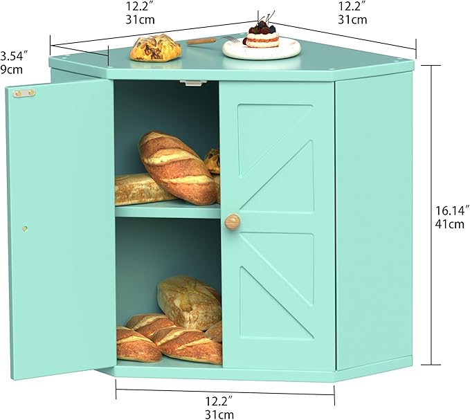 Corner Bread Box for Kitchen Countertop,Storage Container for Homemade Bread, Double Layer BreadBox, Large Capacity Bread Storage Bin, Vintage Farmhouse Breadbox Organizer, Green