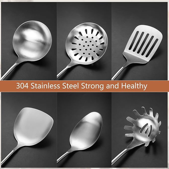 304 Stainless Steel Kitchen Utensils Set, 6 Pcs Long Cooking Utensils Set with Wooden Handle, Large Heat Resistant Kitchen Tools(Dishwasher Safe)