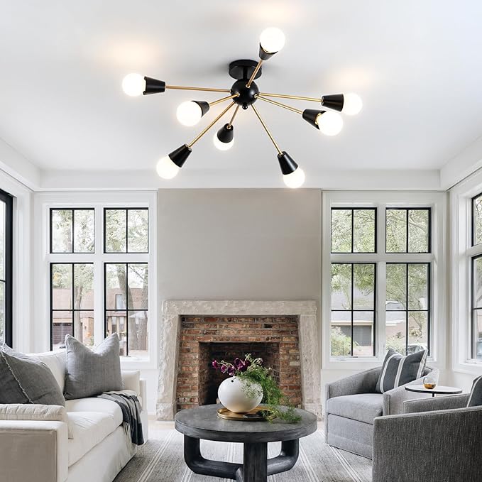 Modern Sputnik Chandelier - 8-Lights Farmhouse Ceiling Lights Fixture Black and Gold Semi Flush Mount Ceiling Light for Living Room Bedroom Hallway Entryway