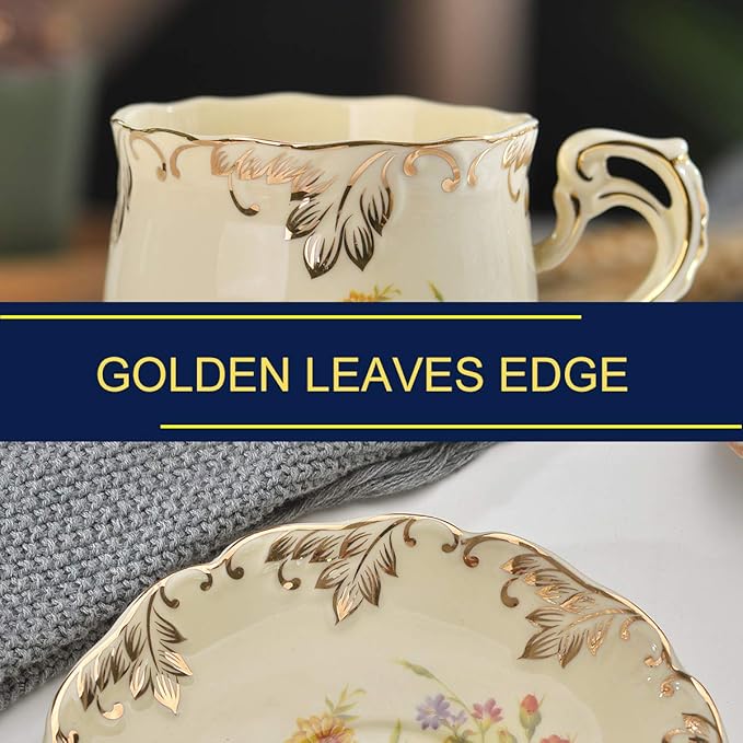 YOLIFE Flowering Shrubs Tea Cups and Saucers Set of 6, Ivory Ceramic Floral Tea Cups Set with Golden Rack, Coffee Cups, 8 oz