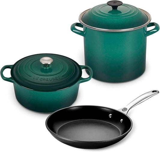 Le Creuset 5-Piece Oven and Stovetop Cookware Bundle - 4-1/2 QT Round Dutch Oven, 8 QT Covered Stockpot, and 10" Toughened Nonstick Pro Fry Pan - Artichaut