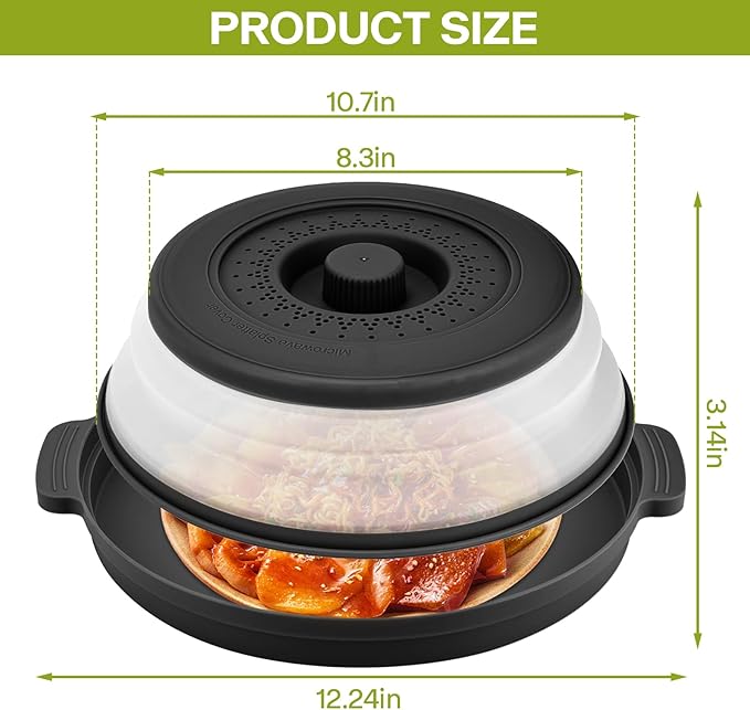 Microwave Food Splatter Cover & Base Mat,10.5 Inch Large Plastic & Silicone Vented Collapsible Guard Lid, Plate Holder & Kitchen Colander for Meal (Black)
