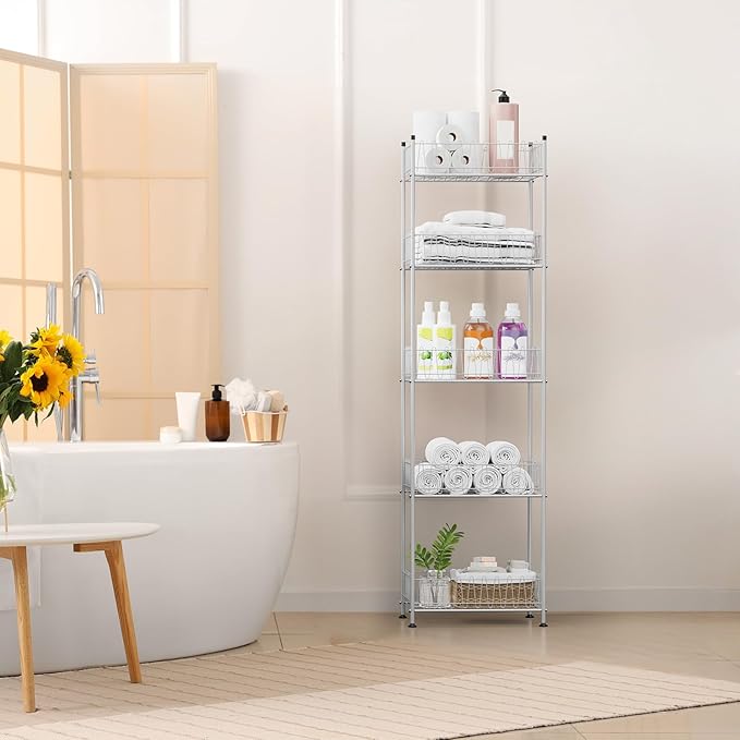 Water Bottle Storage Organizer 5 Tier Metal Water Bottle Holder Shelf Drink Beverage Soda Can Organizer Rack Bottled Water Stand for Floor Classroom Kitchen Food Storage, Silver